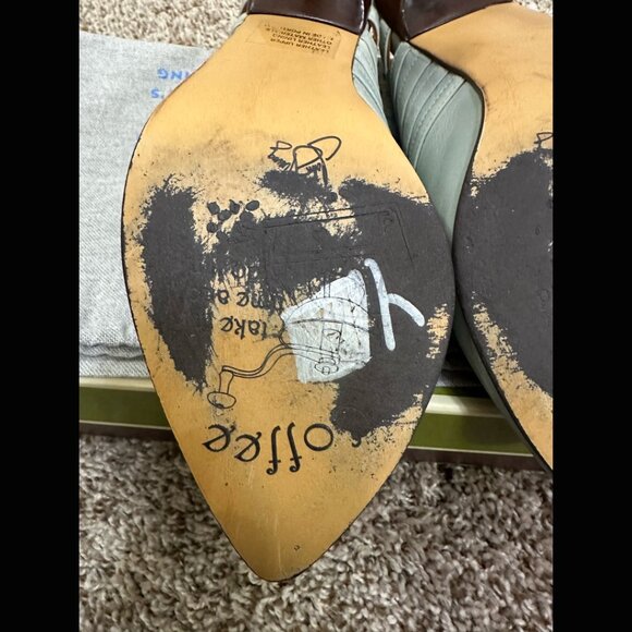 John Fluevog Leather Light Blue Multi Strap Wood Heels Coffee Macchiato Line 8.5 - Picture 8 of 10